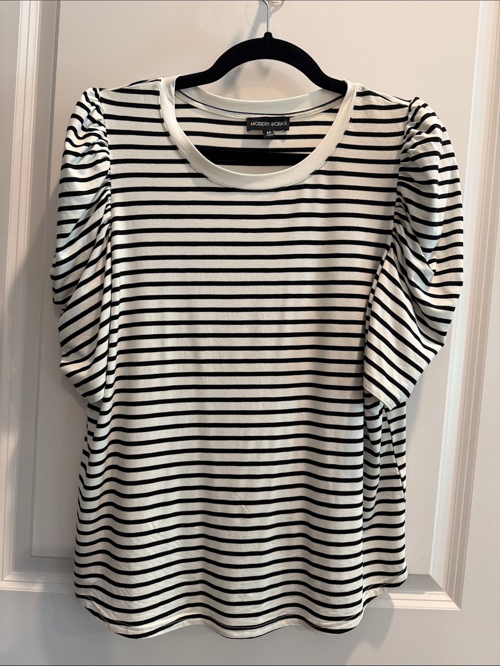 Black & White Striped Ruched Sleeve Top